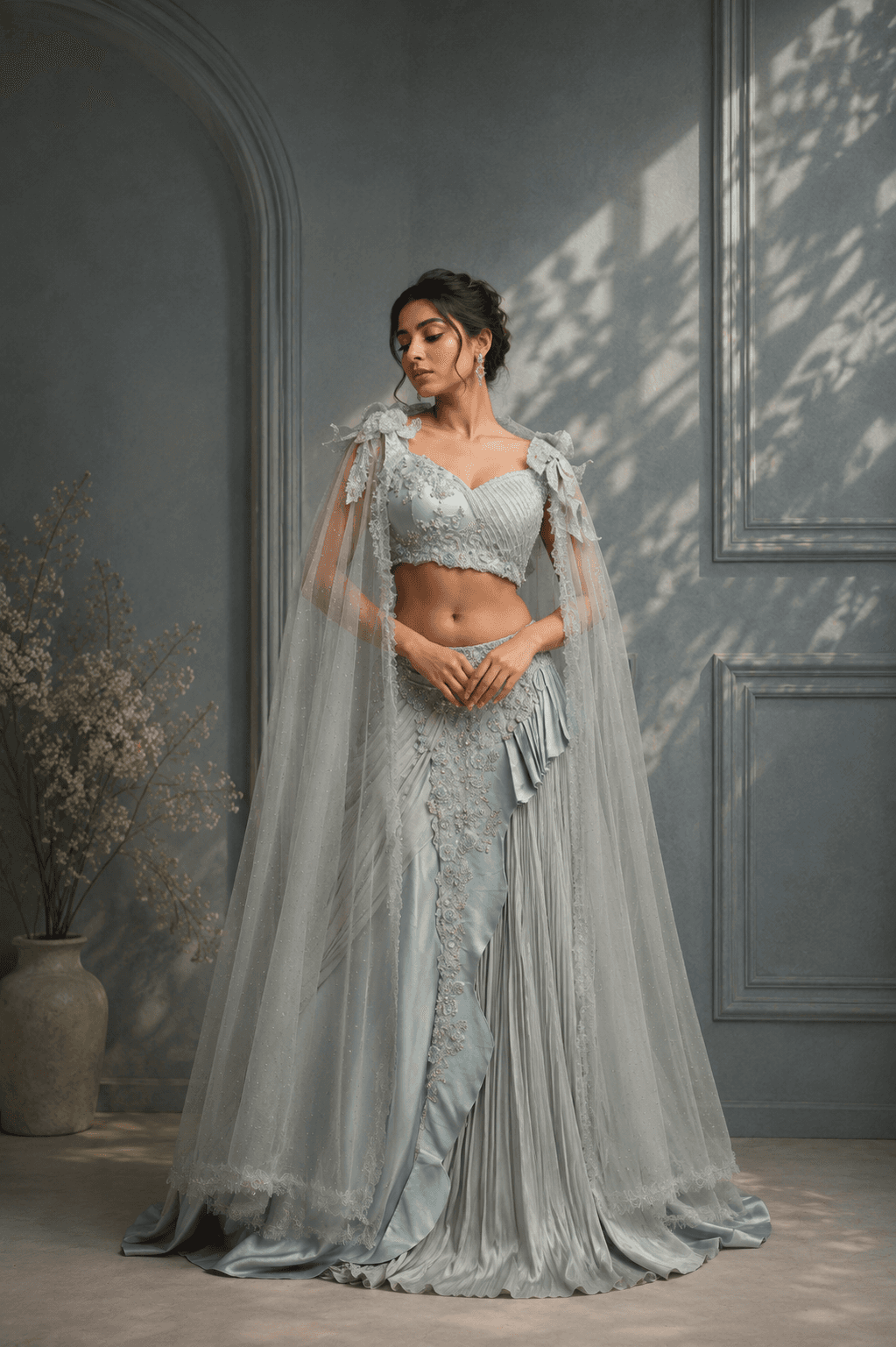 Ice Blue Embroidered Draped Lehenga in womens