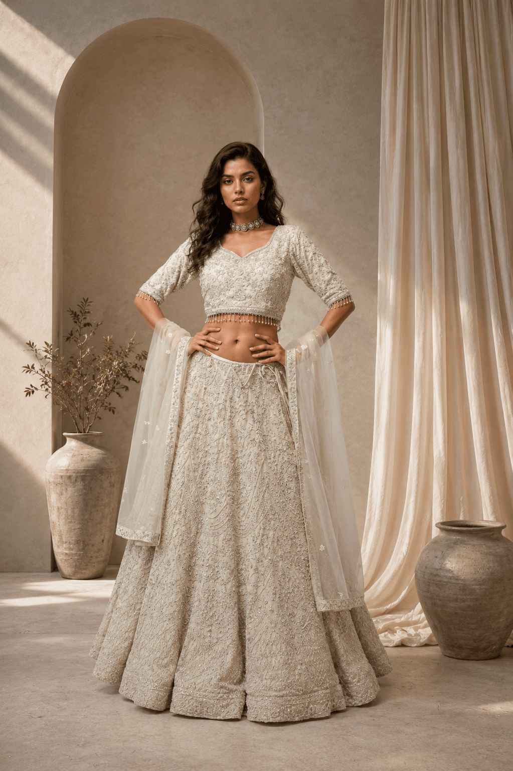 Ivory Embroidered Lehenga Set in womens