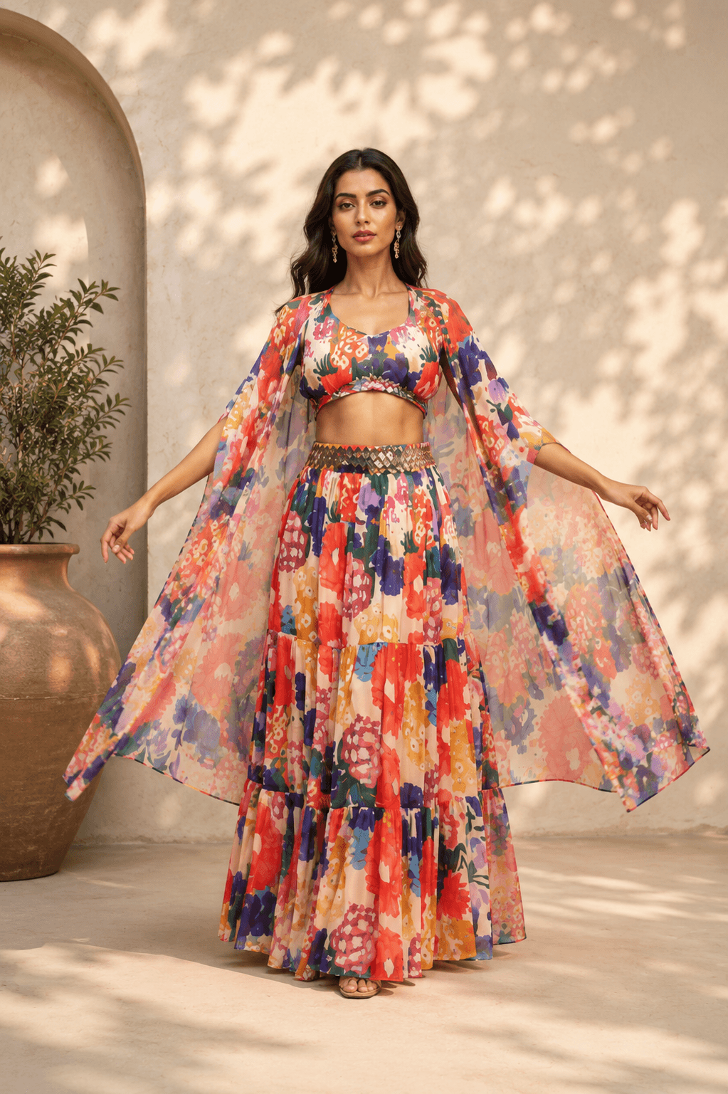 Multicolour Floral Cape Lehenga Set in womens