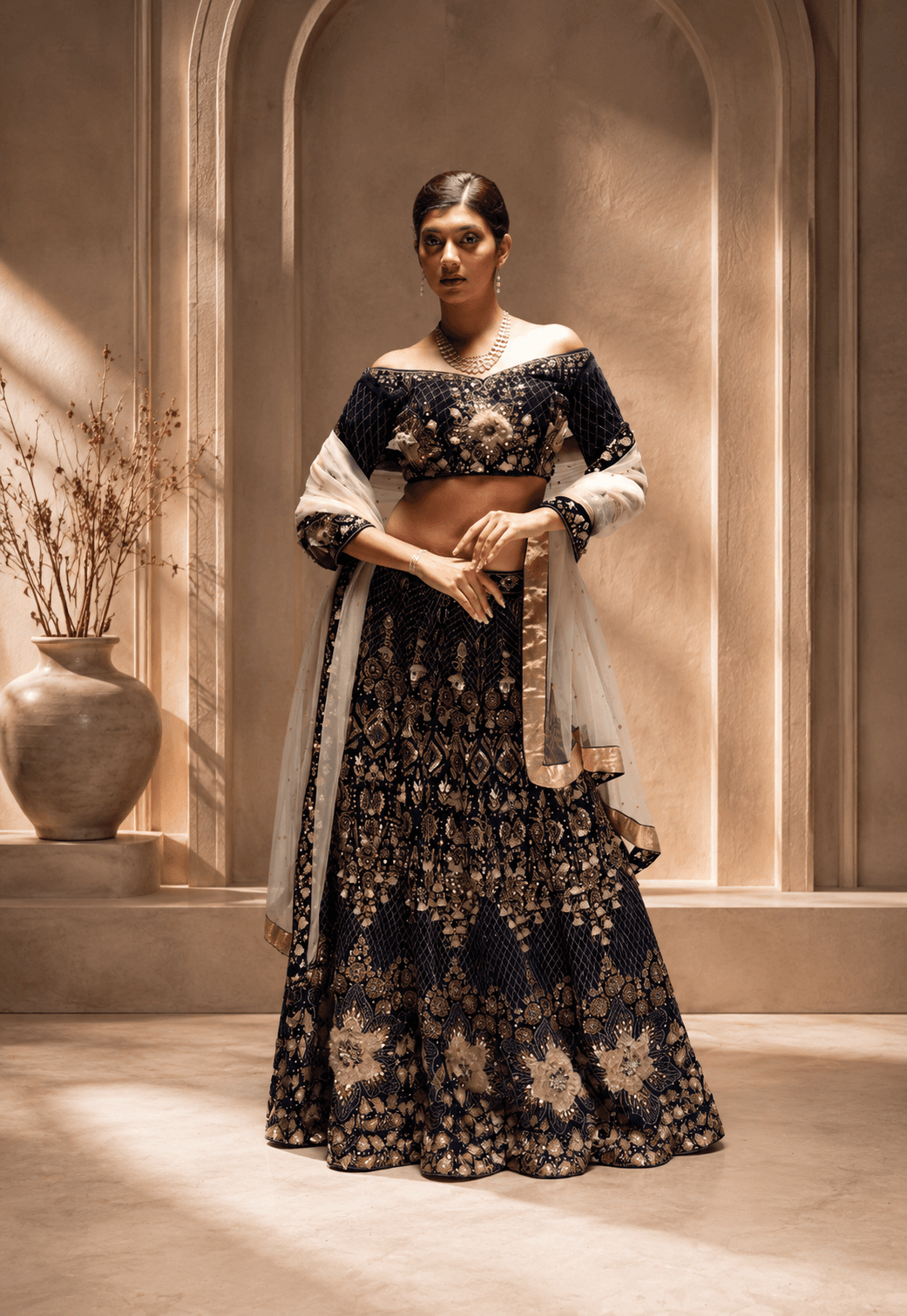 NAVY & IVORY EMBROIDERED LEHENGA in womens