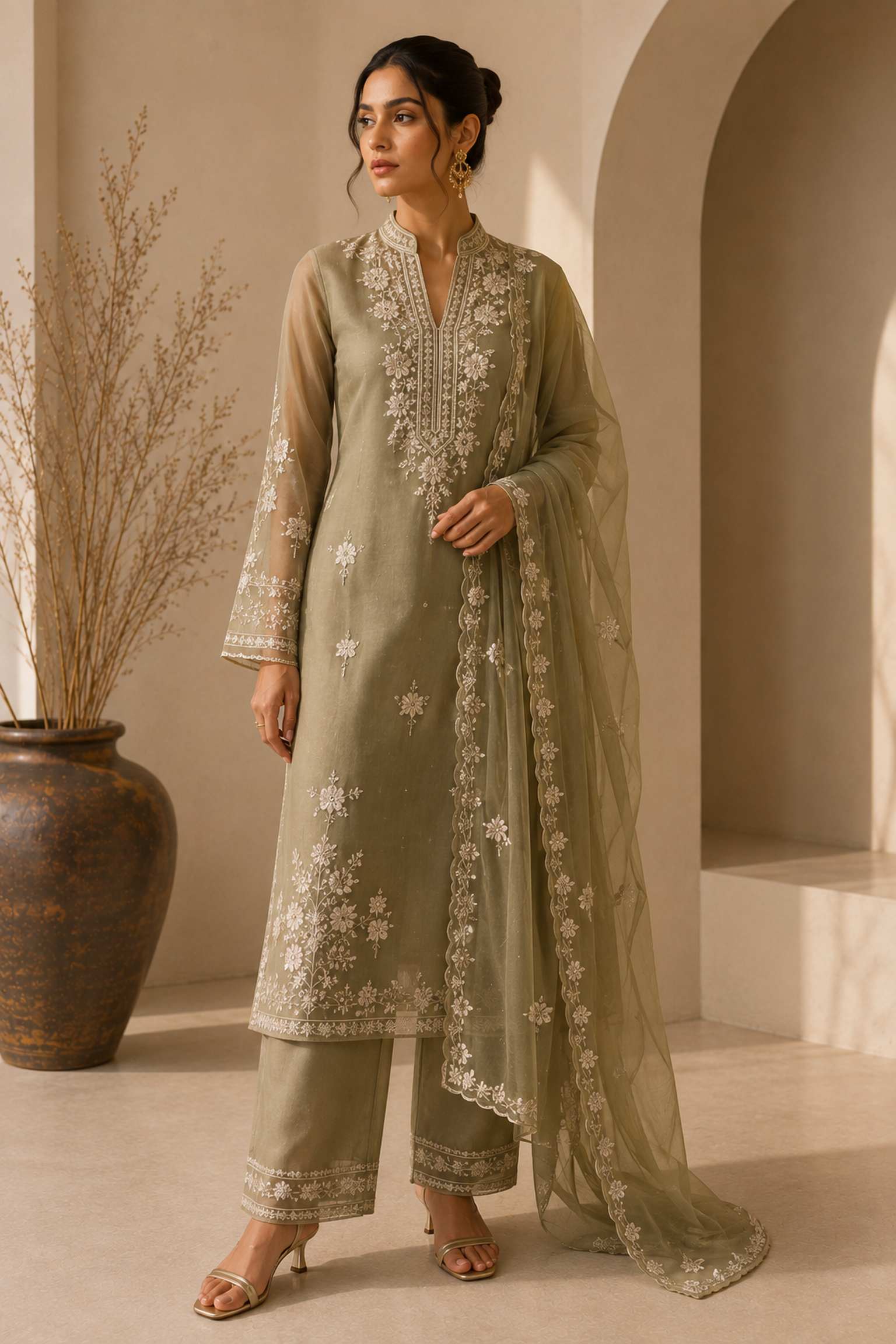 Olive Green Embroidered Organza Suit in womens