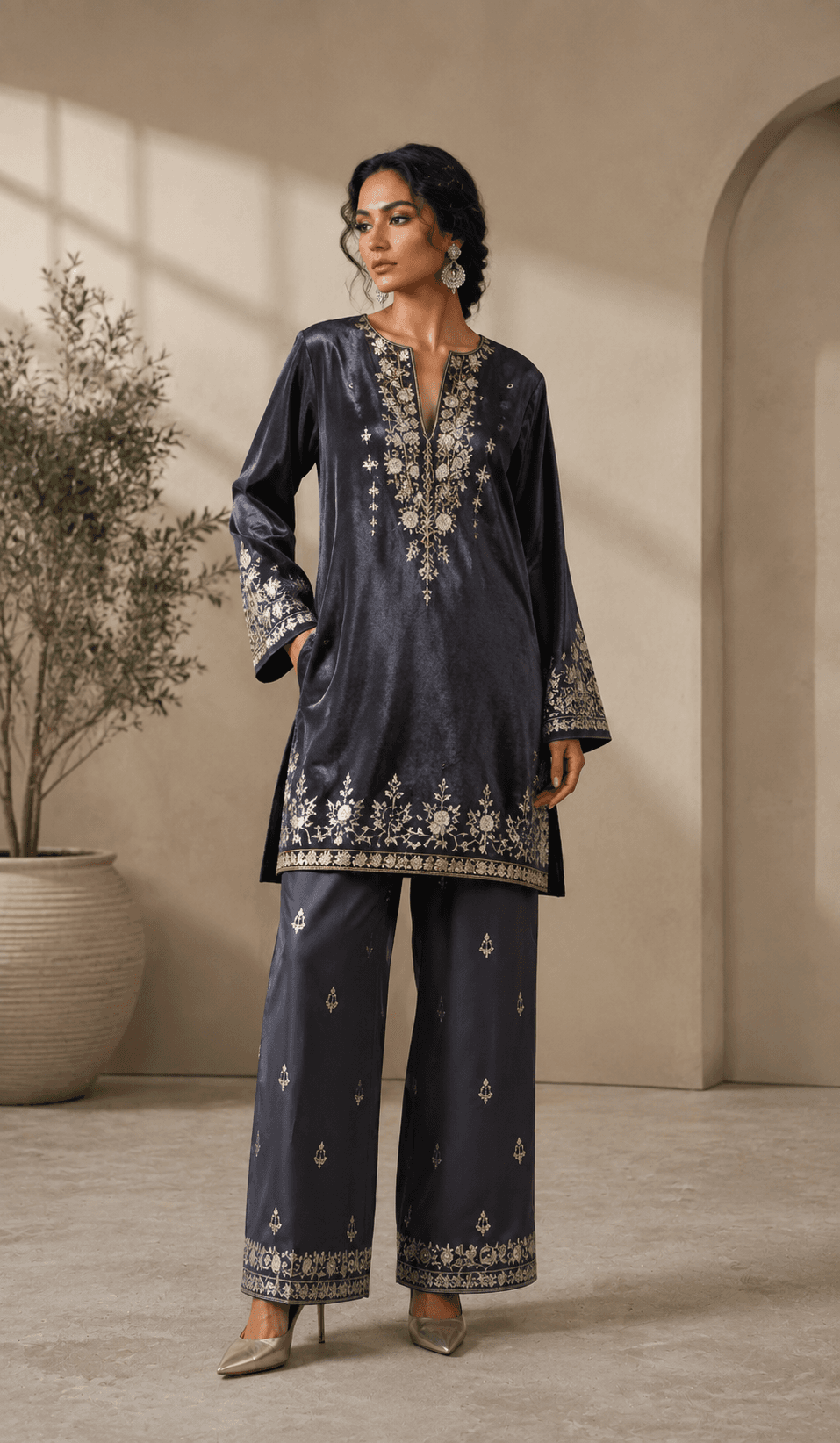 Charcoal Grey Velvet Tunic & Palazzo Set in womens