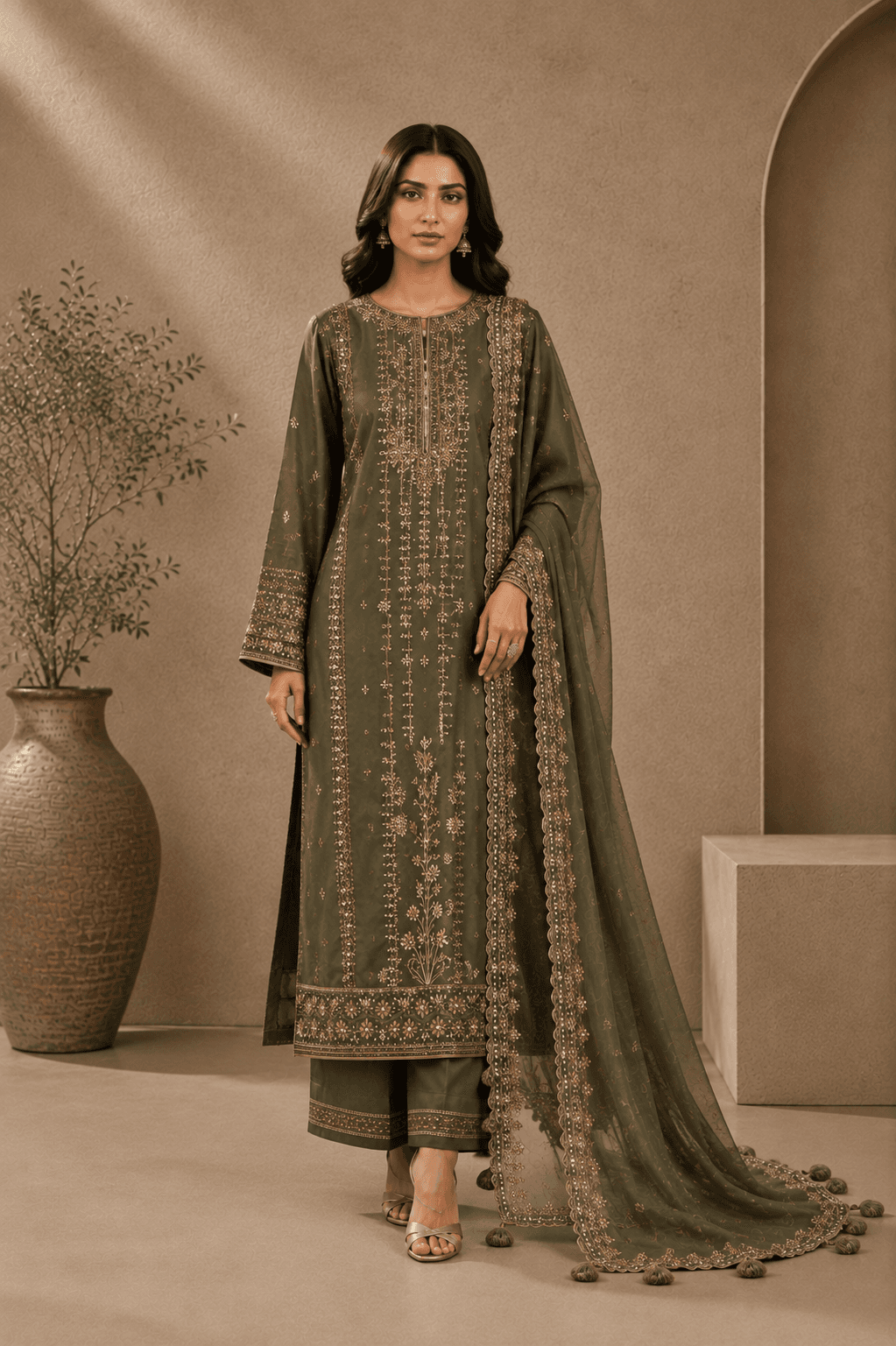 Deep Olive Gold-Embroidered Suit Set in womens