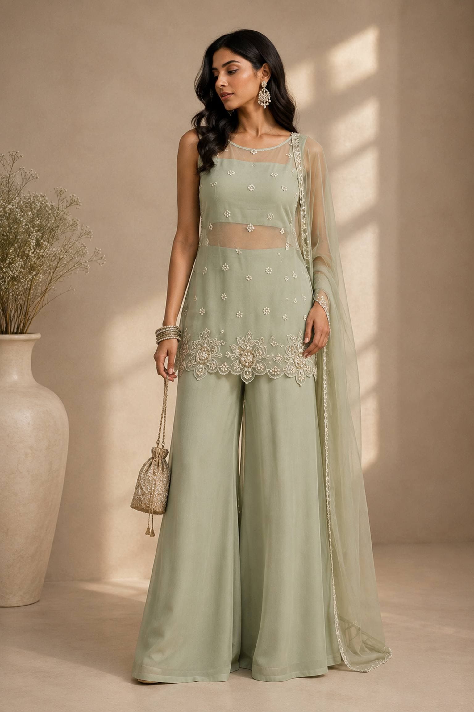Sage Green Embellished Tunic Set in womens