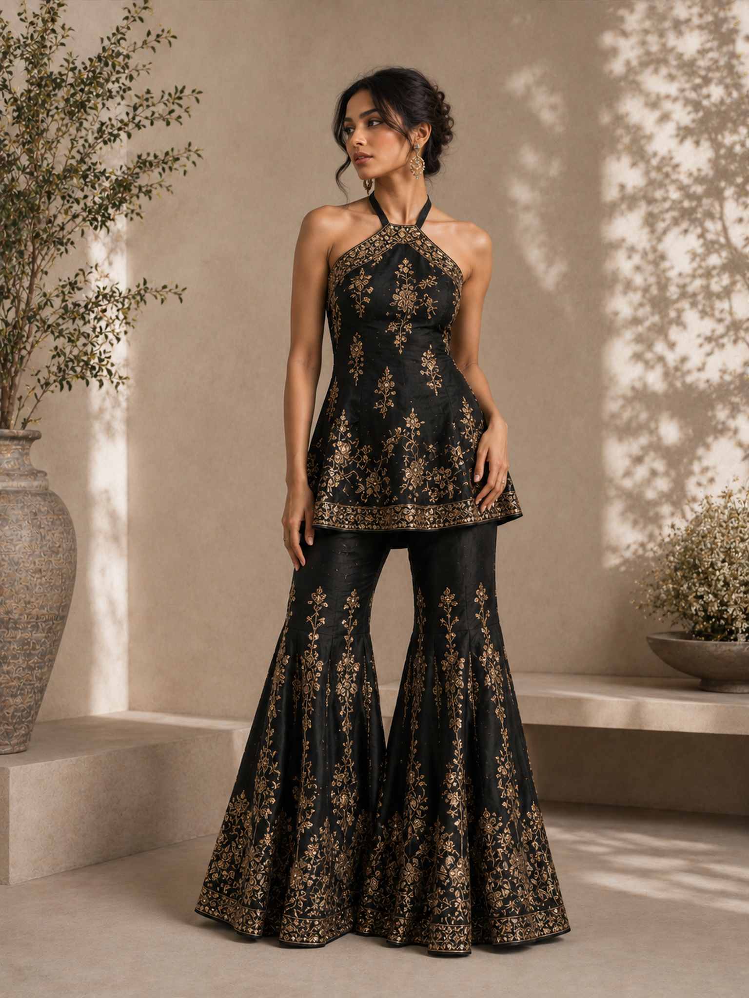 Black Gold-Embroidered Halter Sharara in womens
