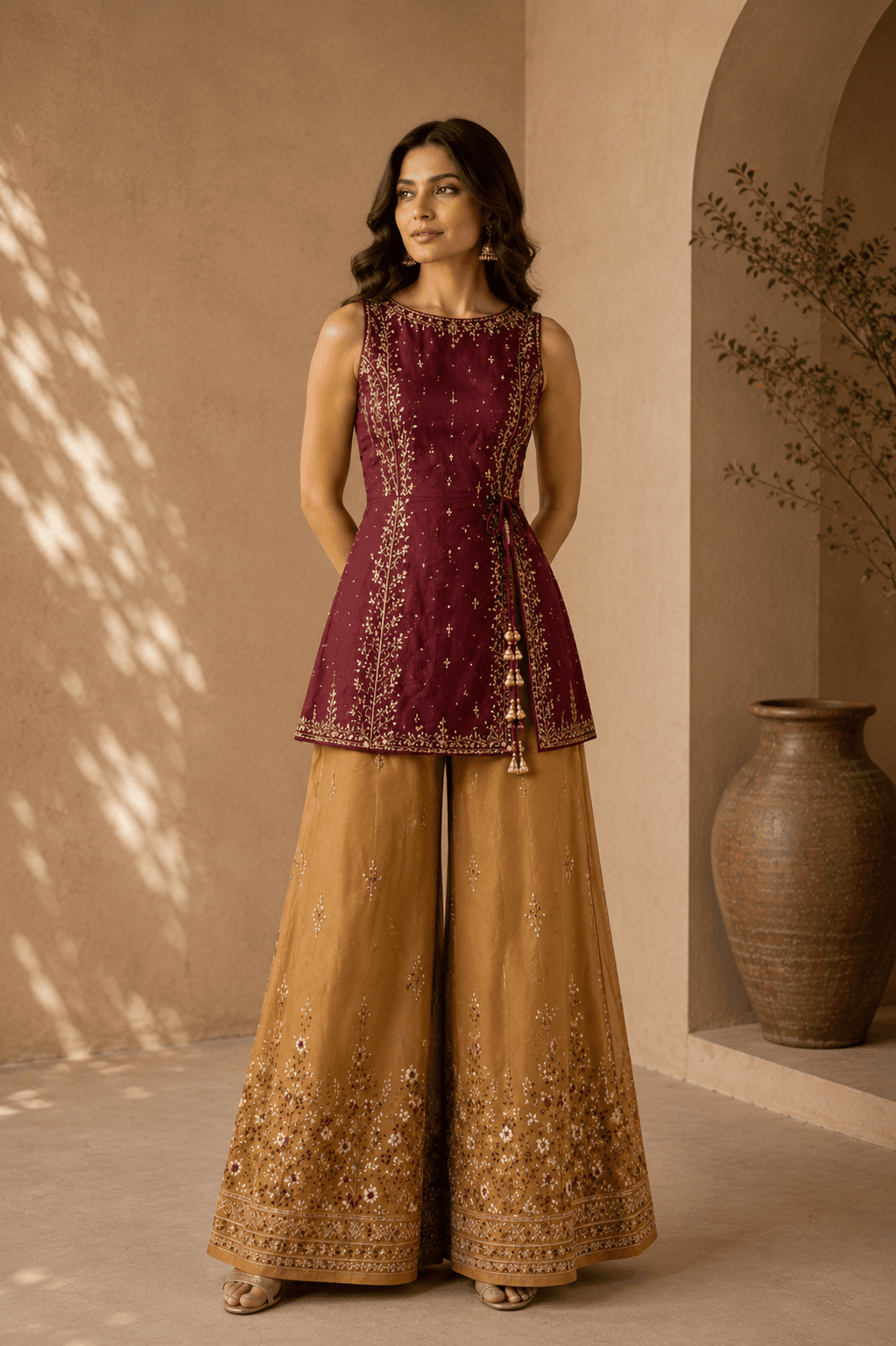 Maroon Short Tunic & Mustard Palazzo in womens