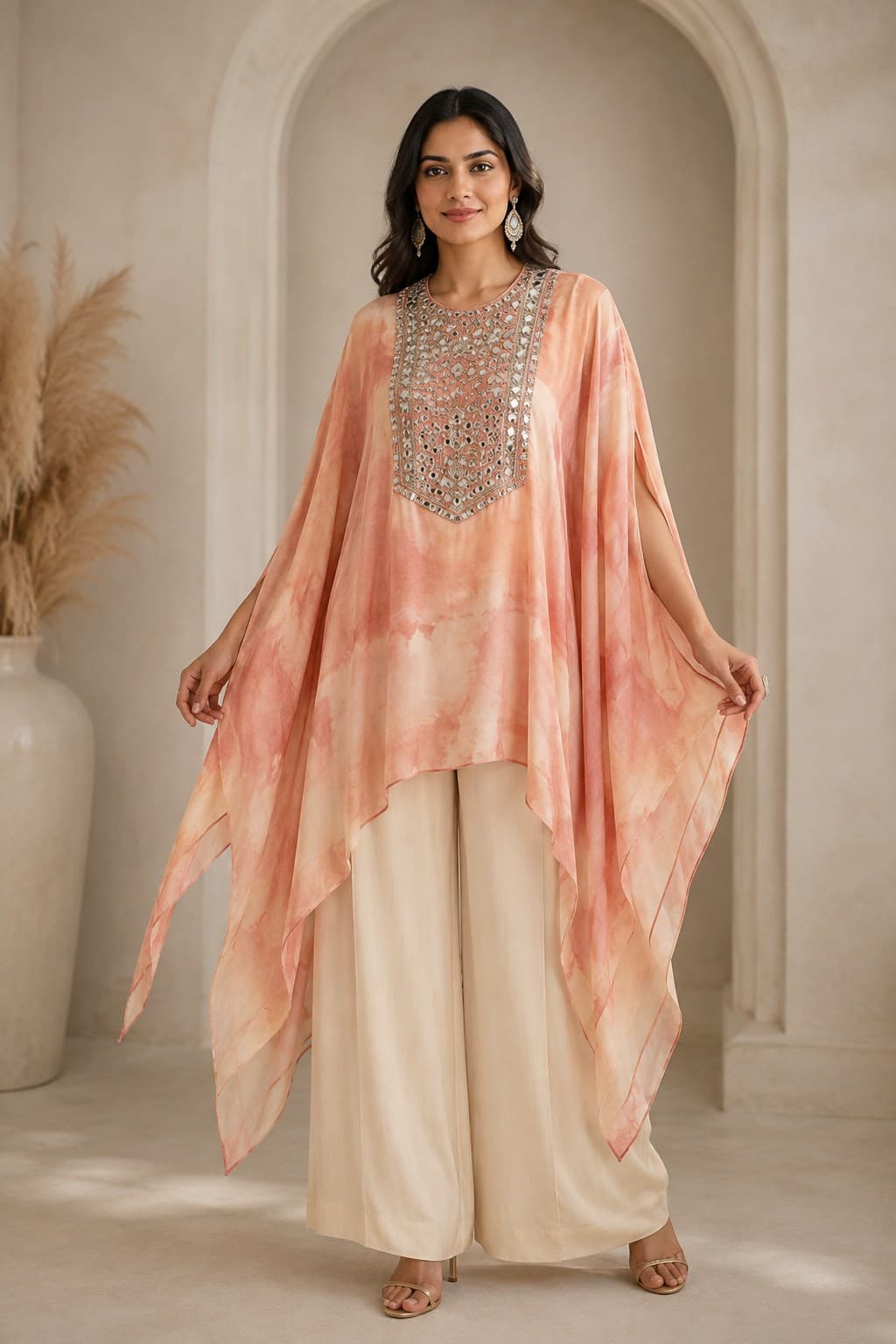 Peach Kaftan Top with Cream Palazzo in womens