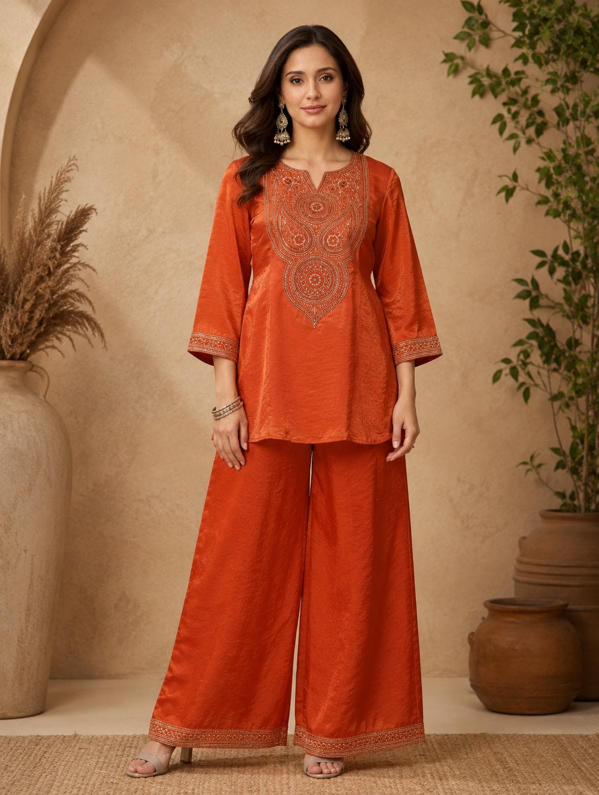 Rust Silk Tunic & Wide Palazzo Set in womens
