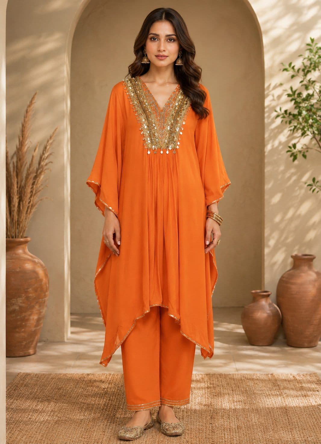Orange Hand-Embroidered Kaftan Set in womens