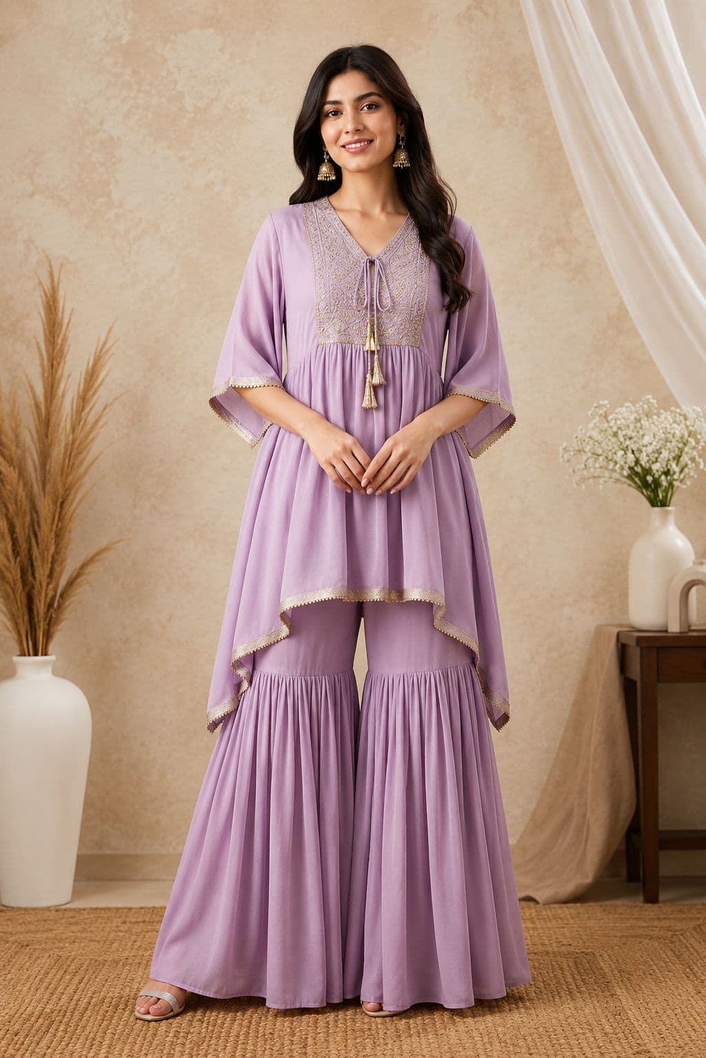 Lilac High-Low Kurta & Sharara Set in womens