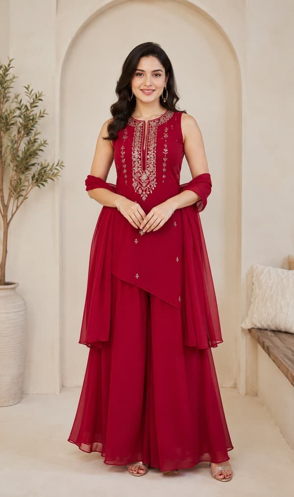 Crimson Red Asymmetric Sleeveless Kurta Set in womens