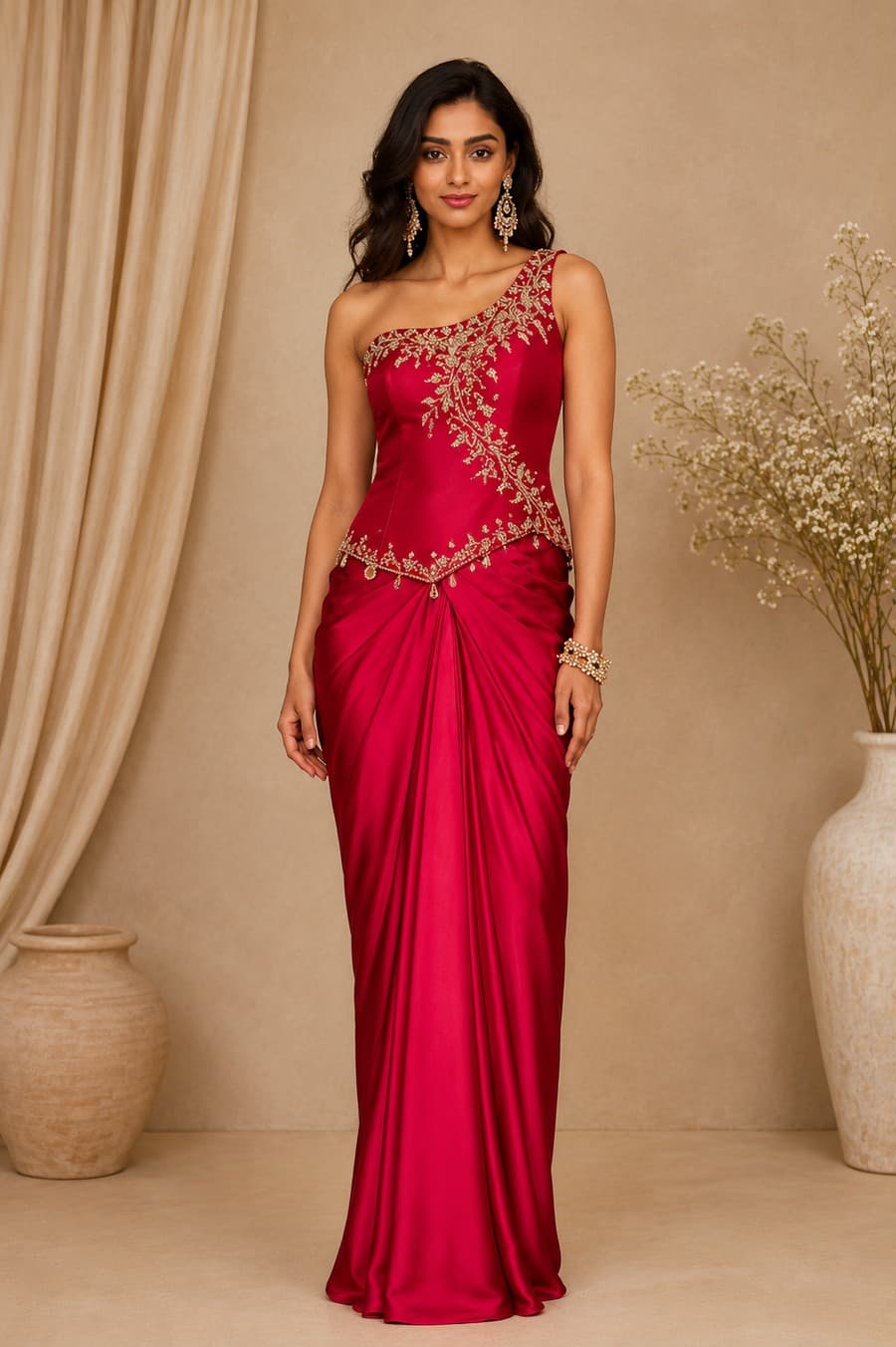 Crimson Red One-Shoulder Pre-Draped Skirt in womens