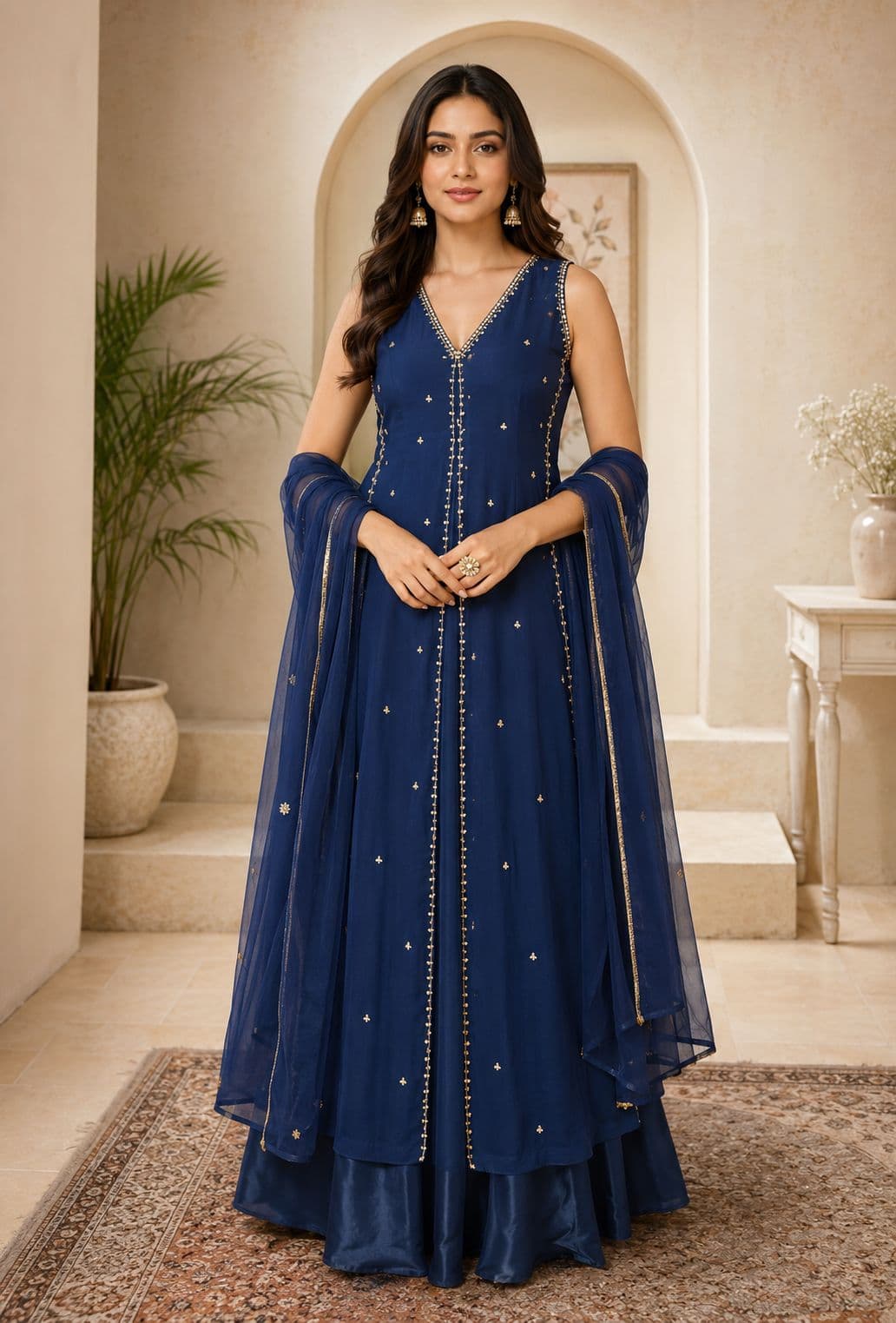 Royal Blue Sleeveless Anarkali Kurta Set in womens