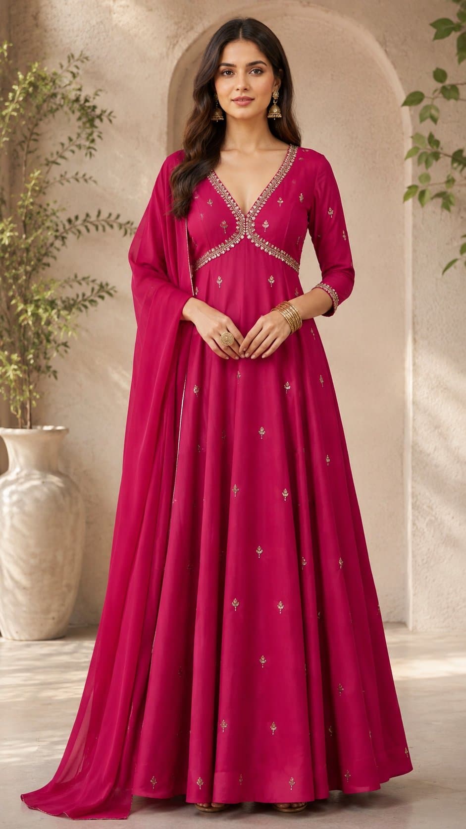 Magenta Pink V-Neck Anarkali Set in womens