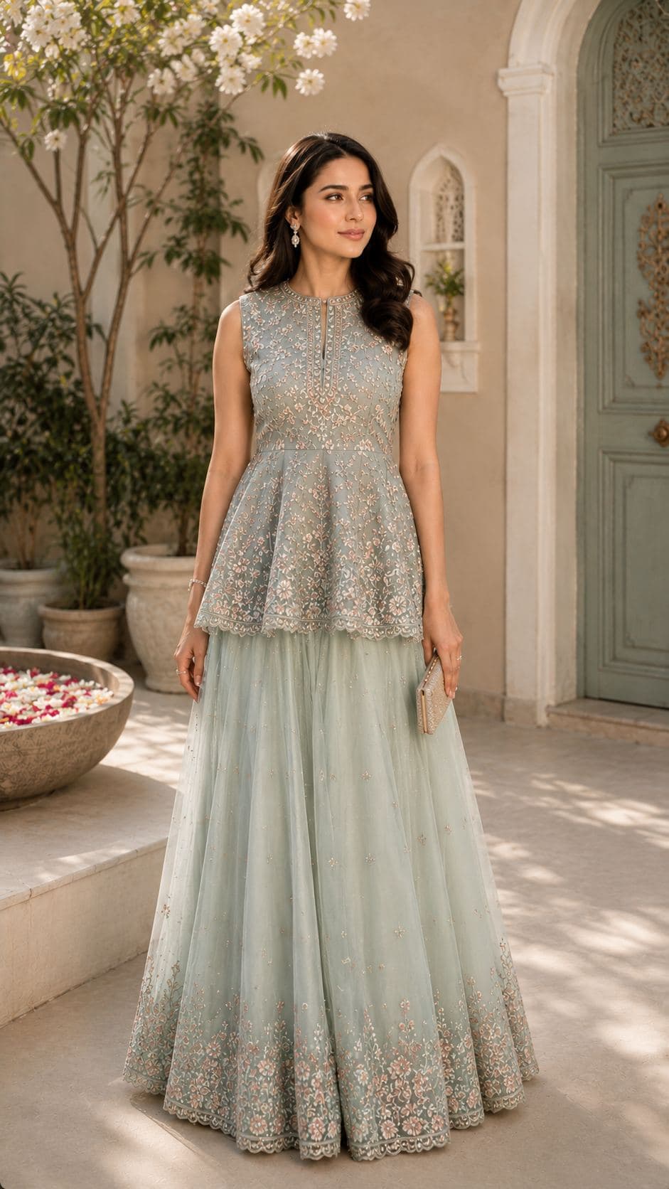 Powder Blue Peplum Lehenga Set in womens
