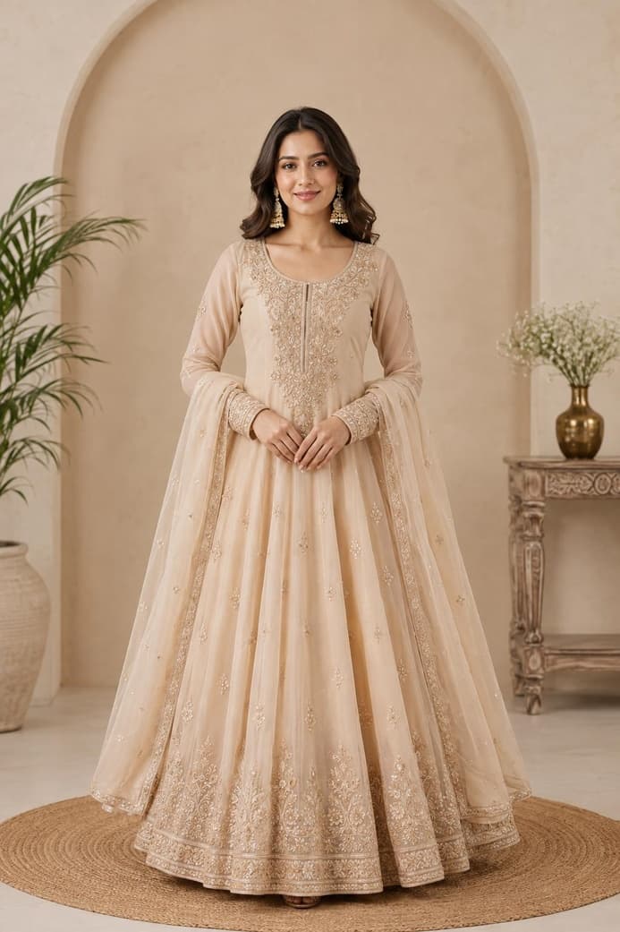 Beige Net Embroidered Anarkali Set in womens