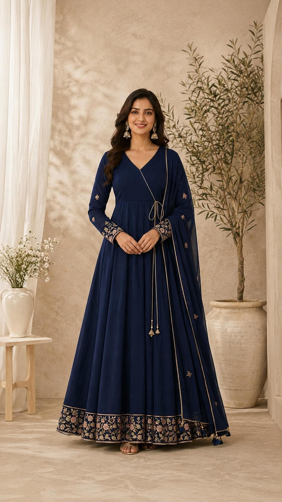 Royal Blue Angrakha Anarkali Set in womens