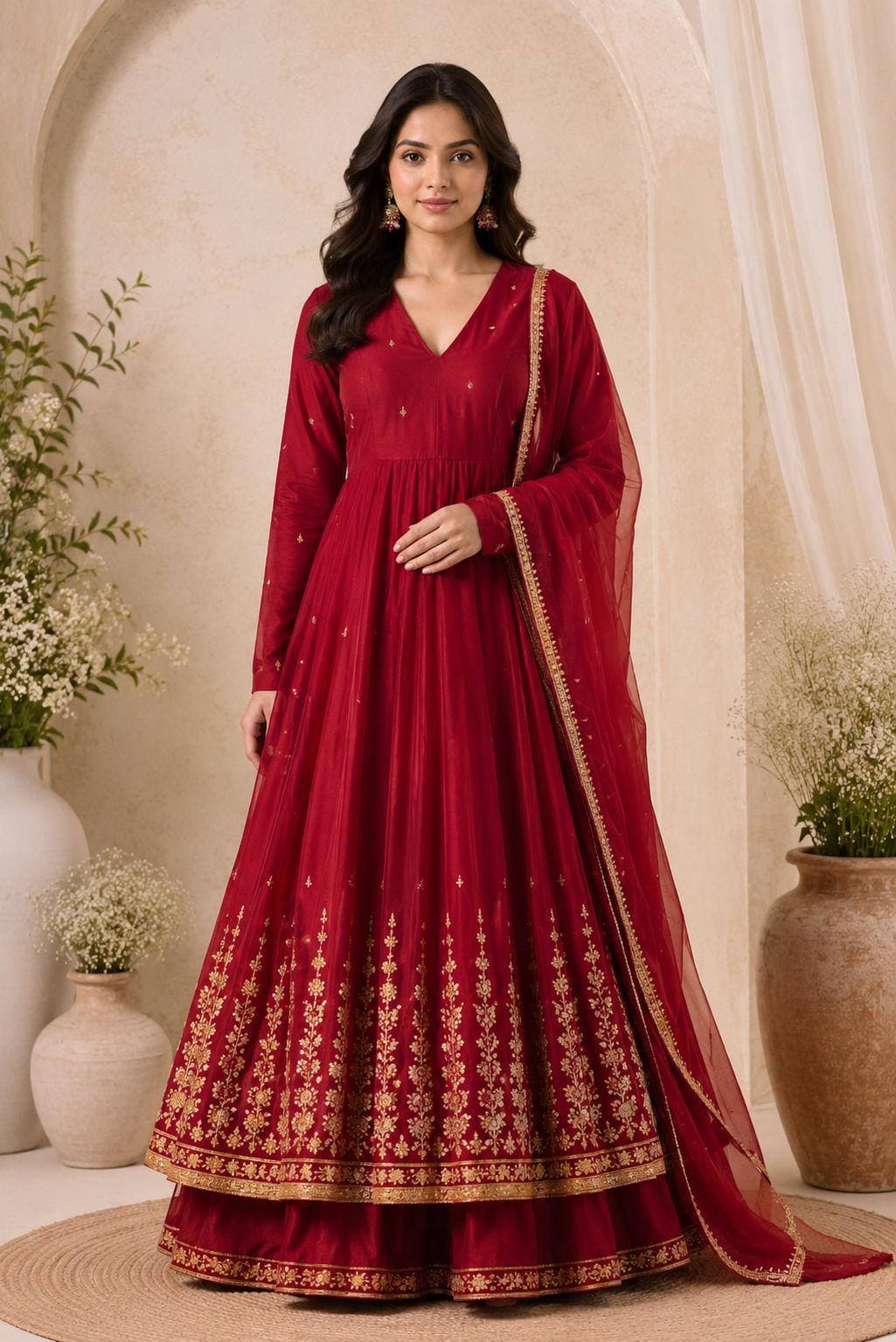 Crimson Red Embroidered Anarkali & Skirt Set in womens