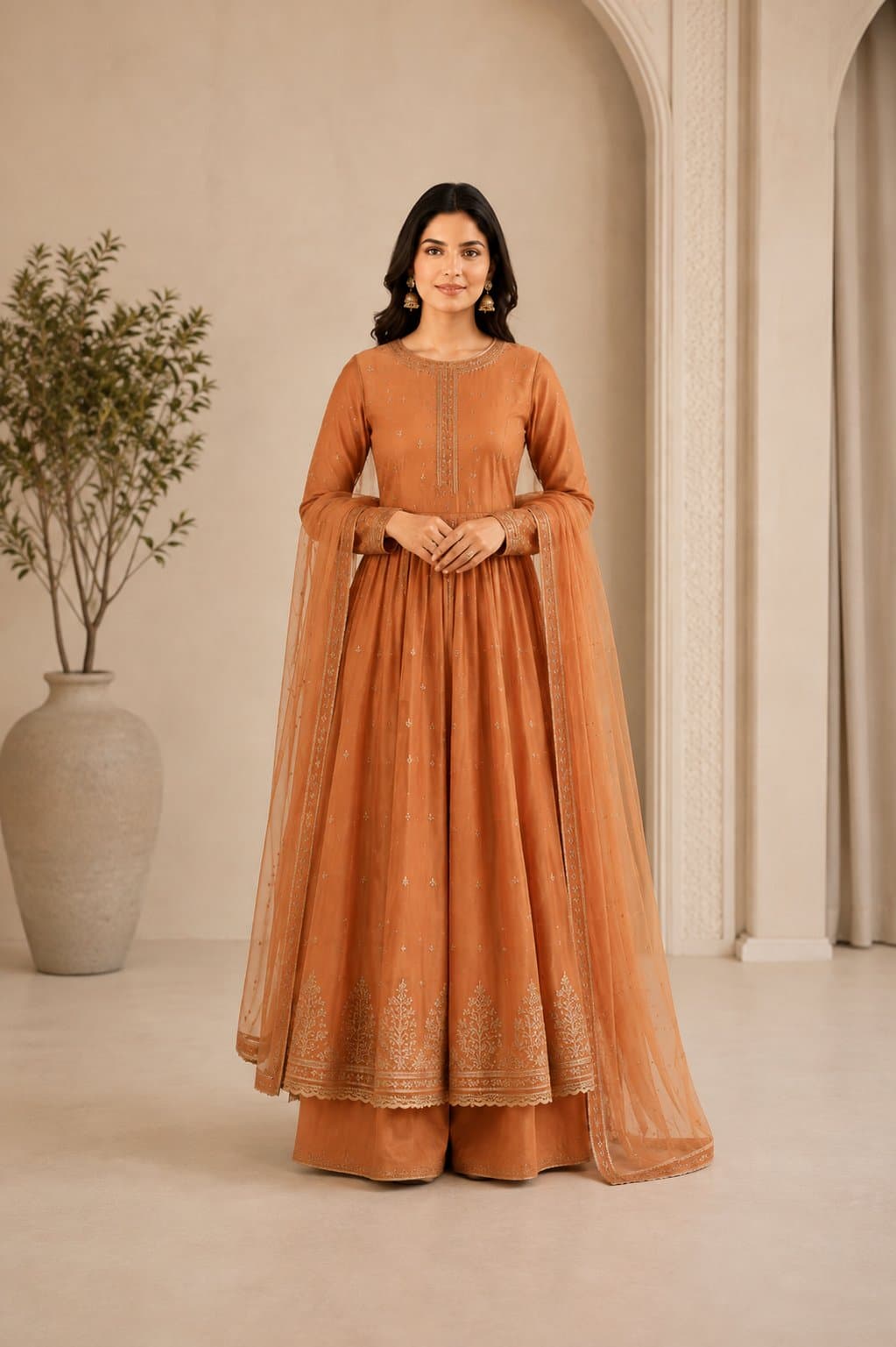 Rust Orange Embroidered Anarkali & Palazzo Set in womens