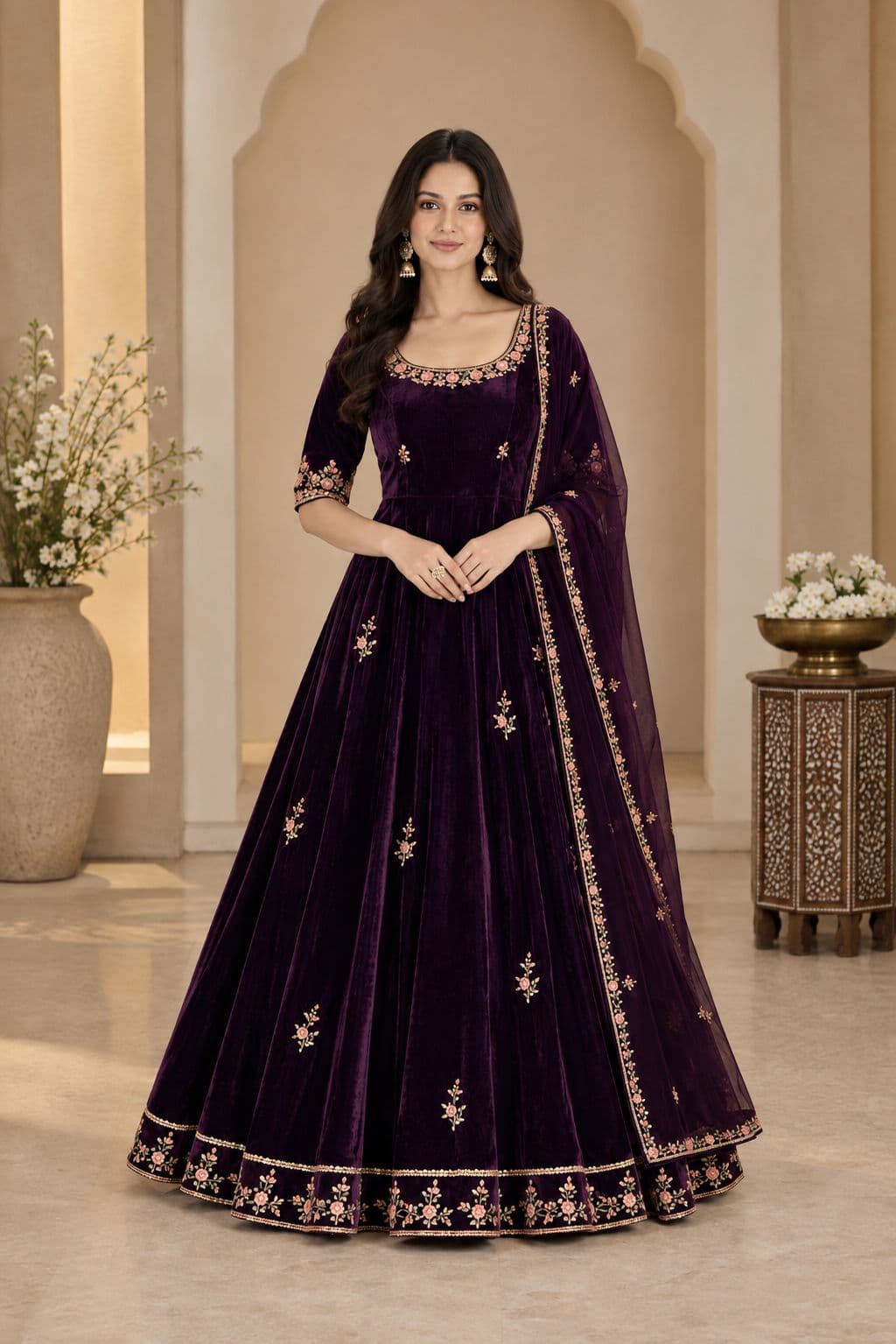 Deep Purple Velvet Embroidered Anarkali Set in womens