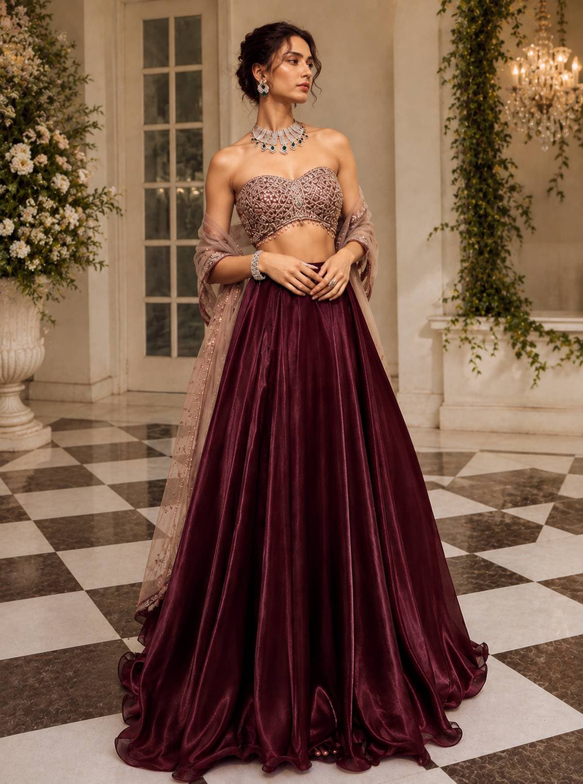 Wine Red Strapless Organza Lehenga Set in womens