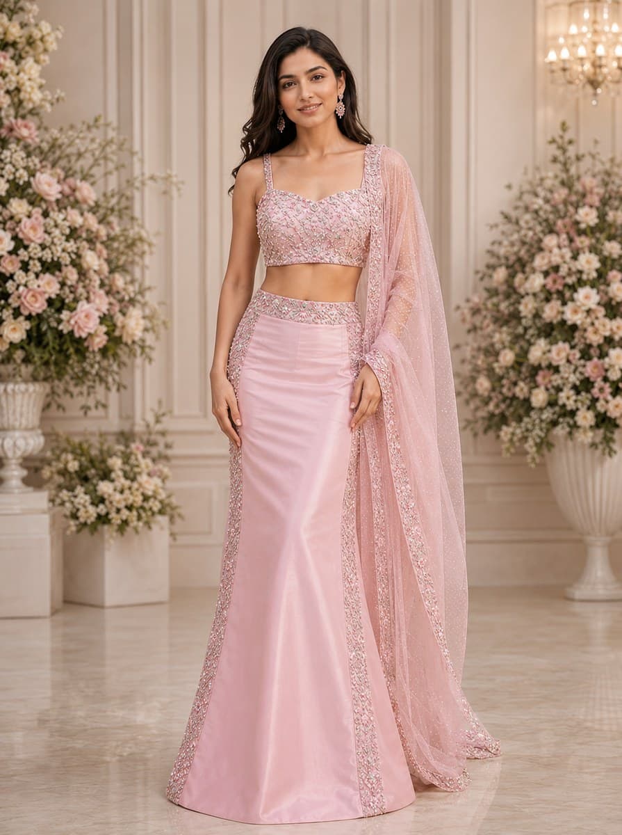 Blush Pink Mermaid Lehenga Set in womens