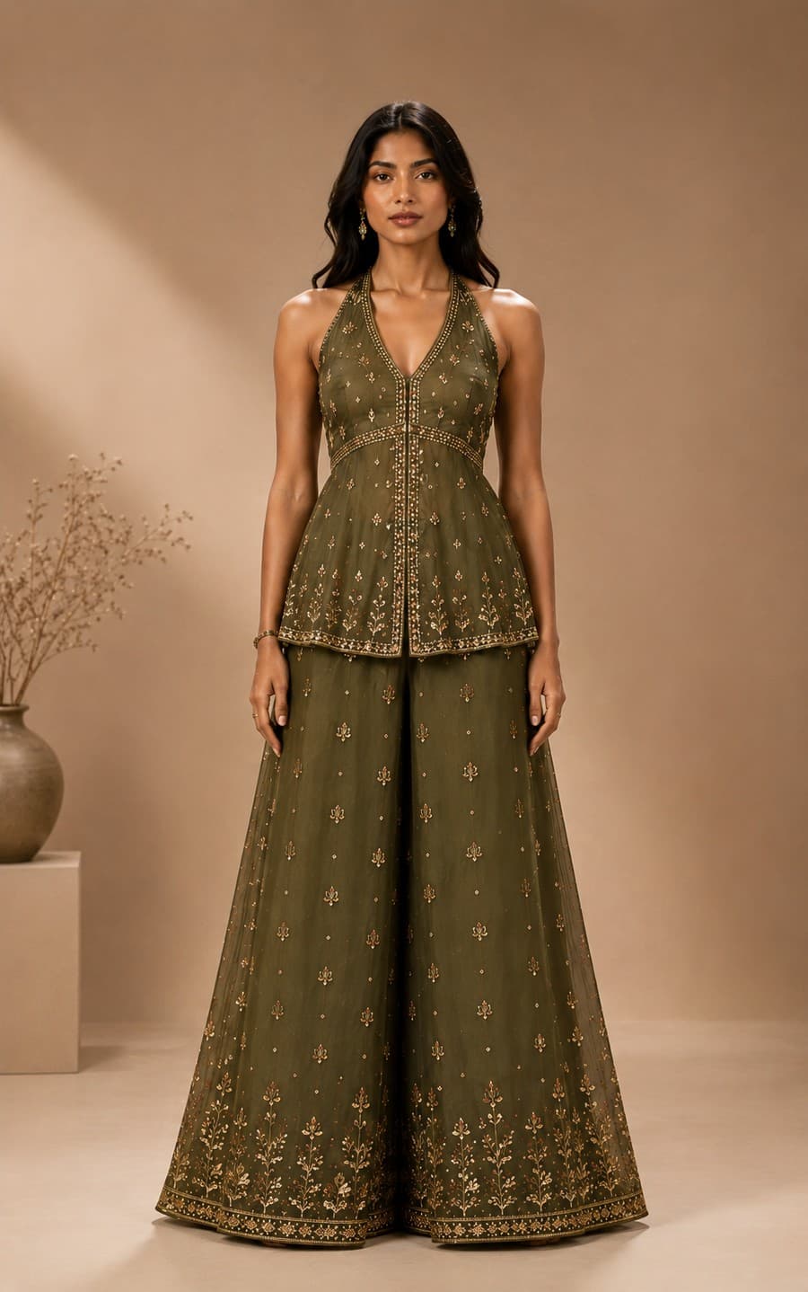 Olive Green Halter Embroidered Peplum & Sharara Set — front view
