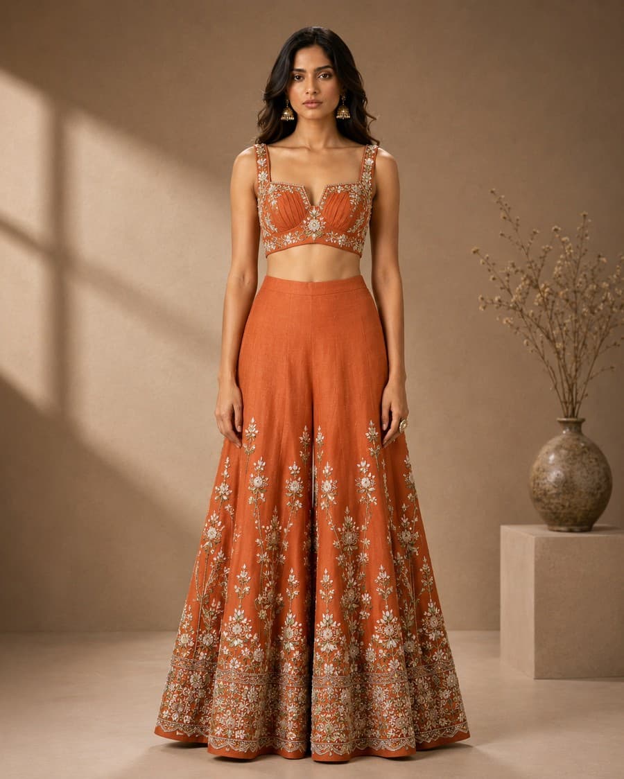 Rust Orange Embroidered Bustier & Wide-Leg Trousers Set — front view
