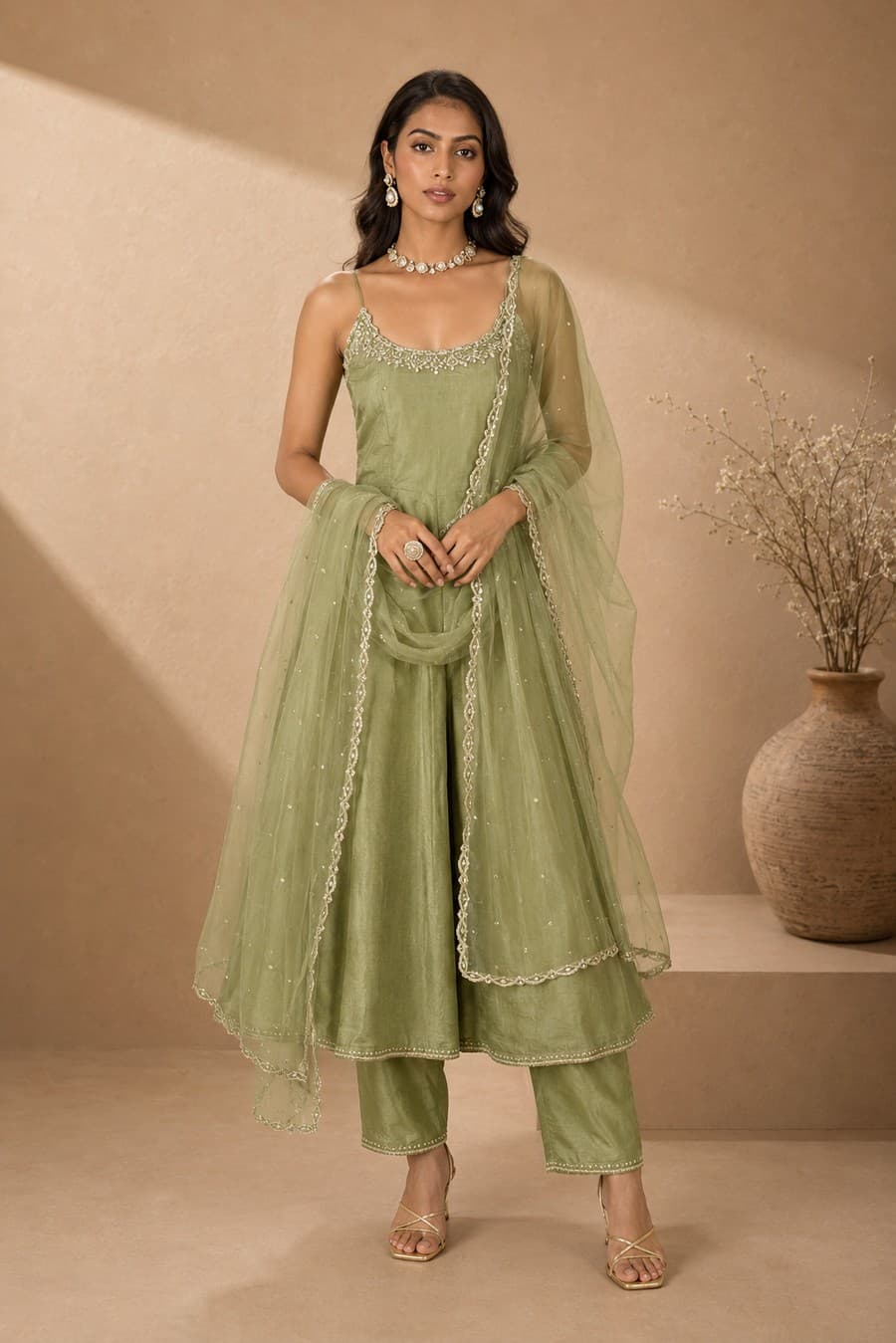 Sage Green Strappy Embroidered Kurta & Trousers Set — front view