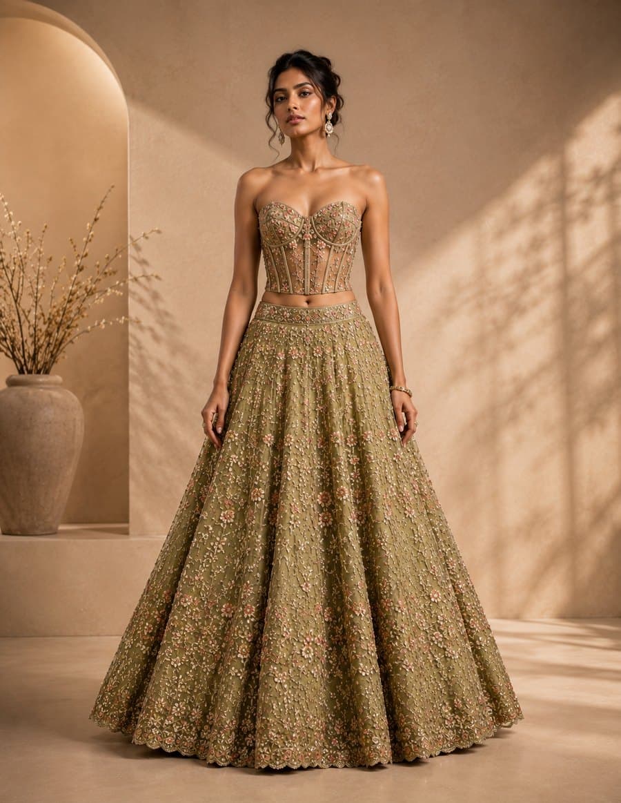 Olive Green Embroidered Corset & Lehenga Skirt Set — front view