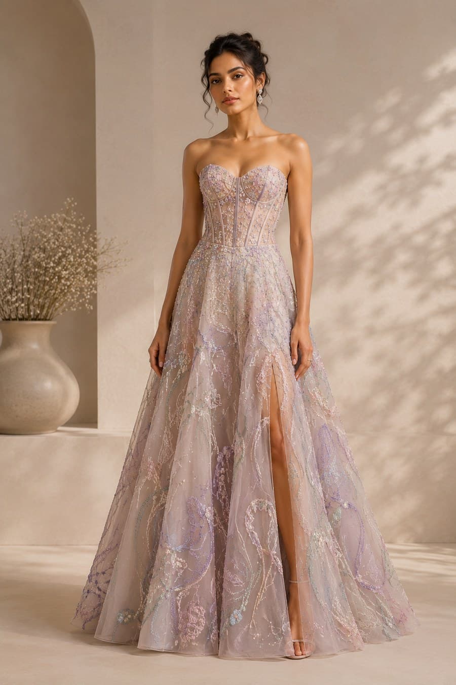 Dusty Lilac Embroidered Corset Gown — front view