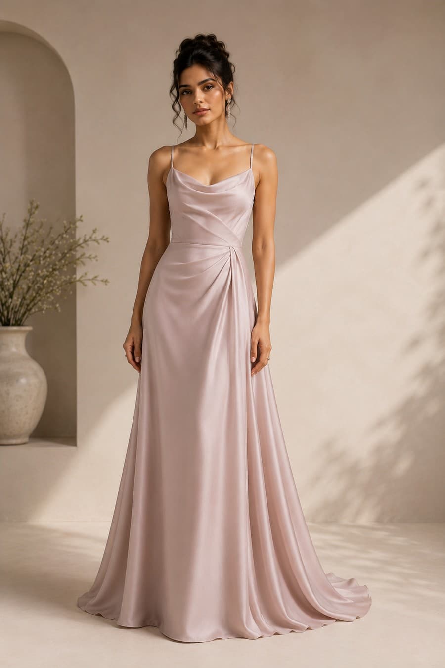 Muted Blush Satin Cowl-Neck Gown — front view