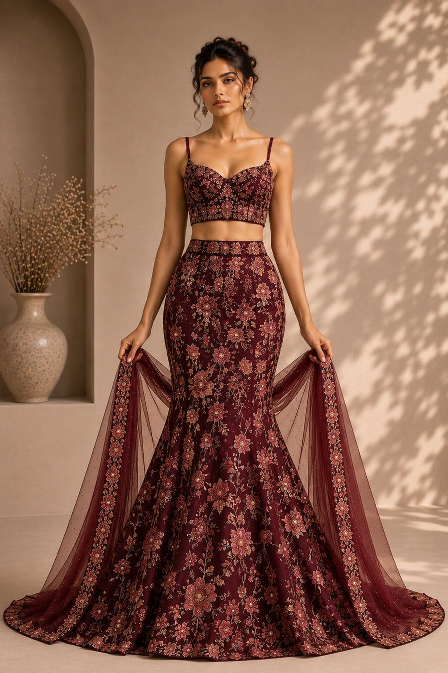 Wine Red Floral Embroidered Mermaid Set — front view