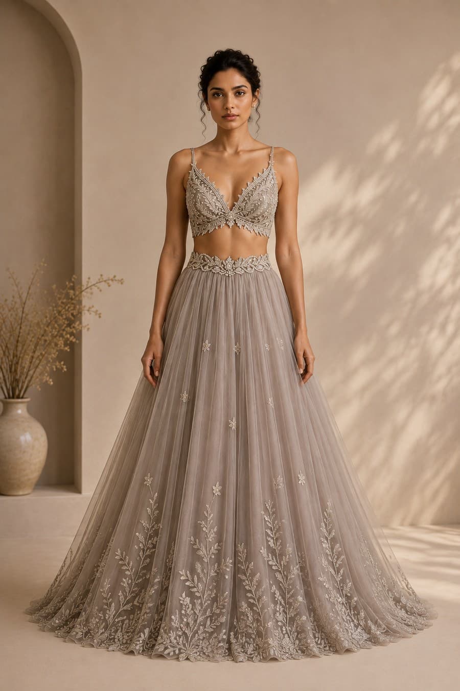 Taupe Grey V-Neck Bralette & Tulle Skirt Set — front view