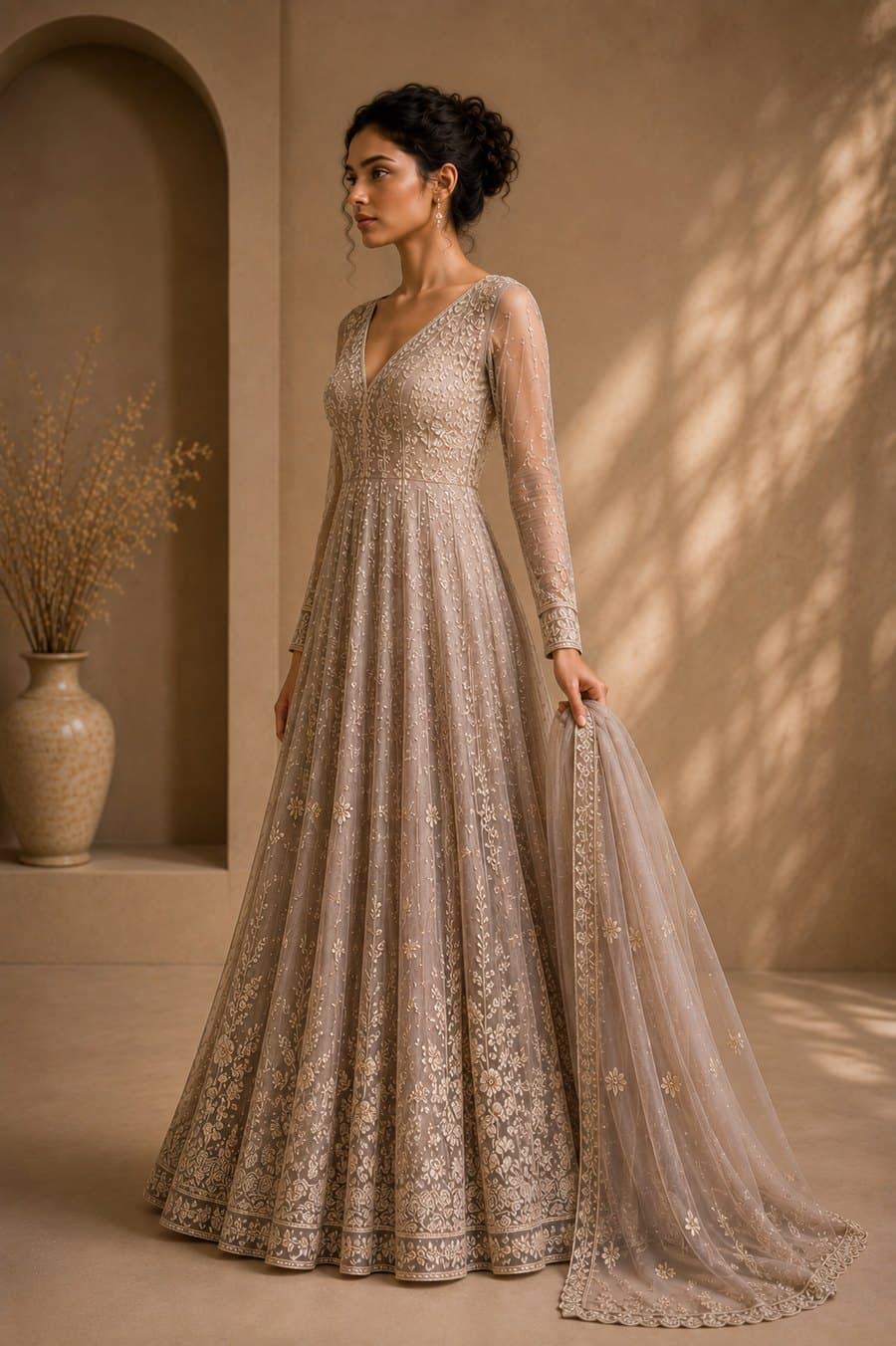 Mushroom Taupe Embroidered Net Anarkali Set — front view