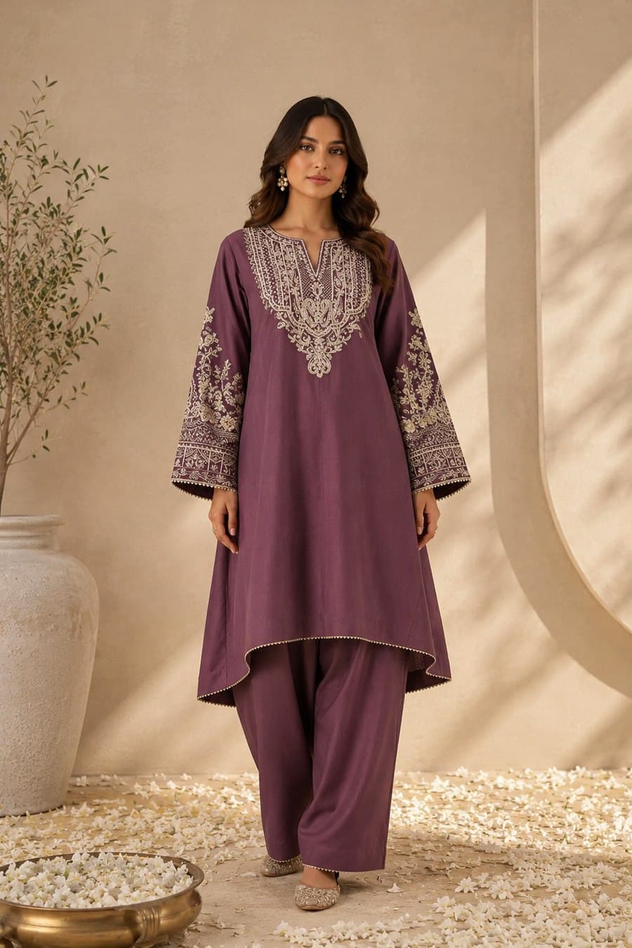Dusty Purple Embroidered High-Low Kurta Set — front view