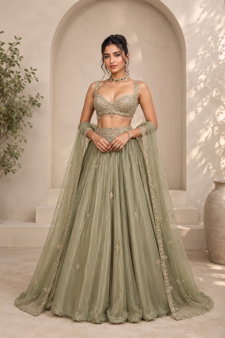 Sage Green Embroidered Bustier Lehenga Set — front view