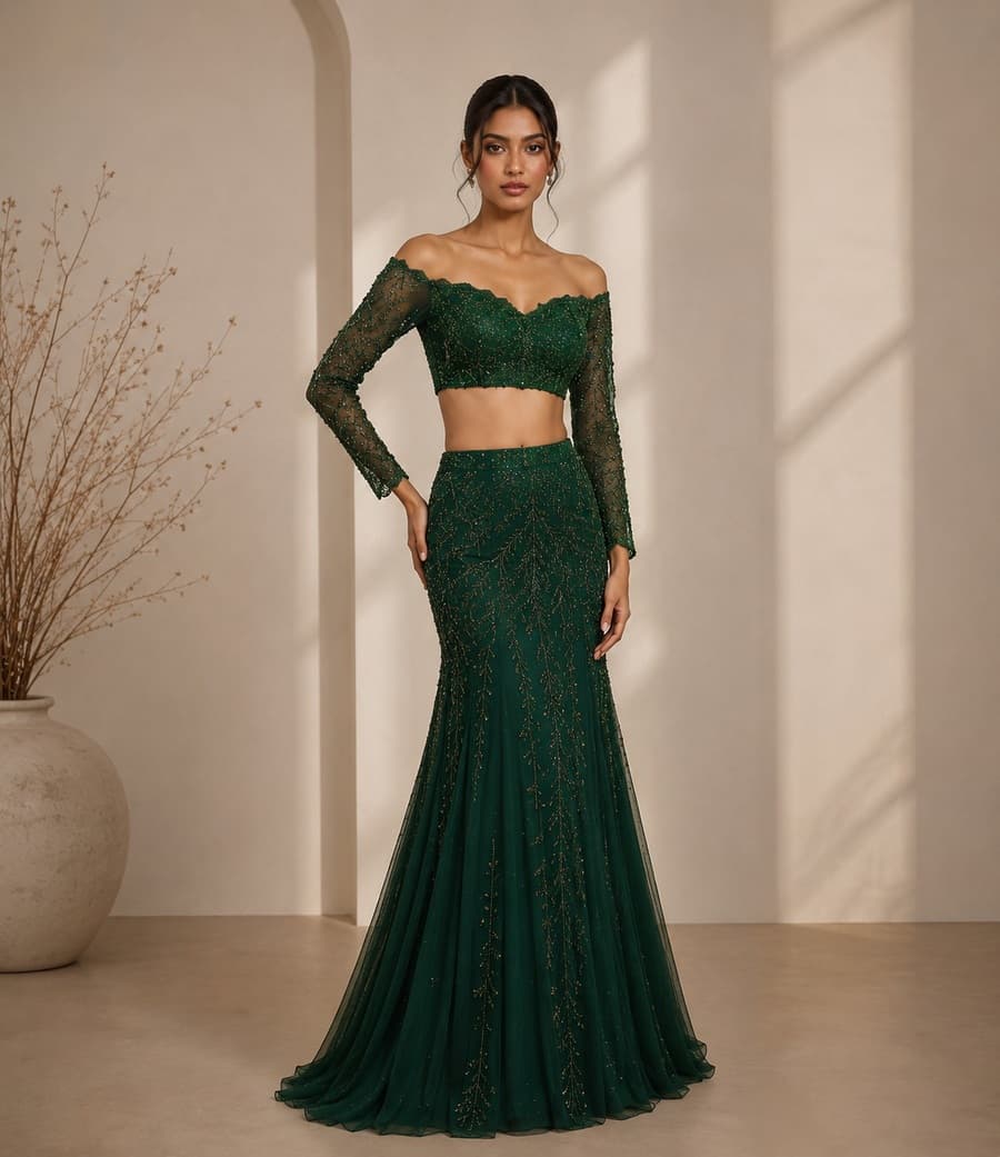 Emerald Green Off-Shoulder Embellished Skirt Set — front view