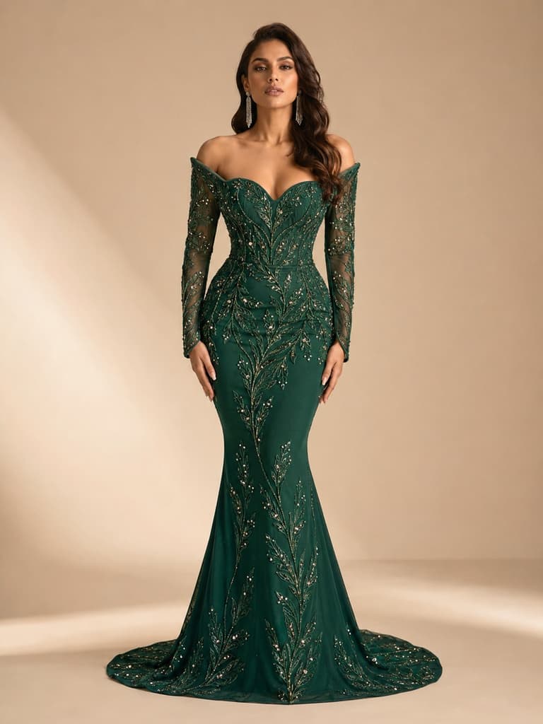 Emerald Green Off-Shoulder Mermaid Gown — front view